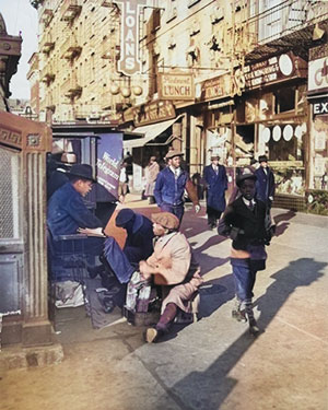 Shoeshiners, 135th St. and Lenox Ave., 1939, colorized